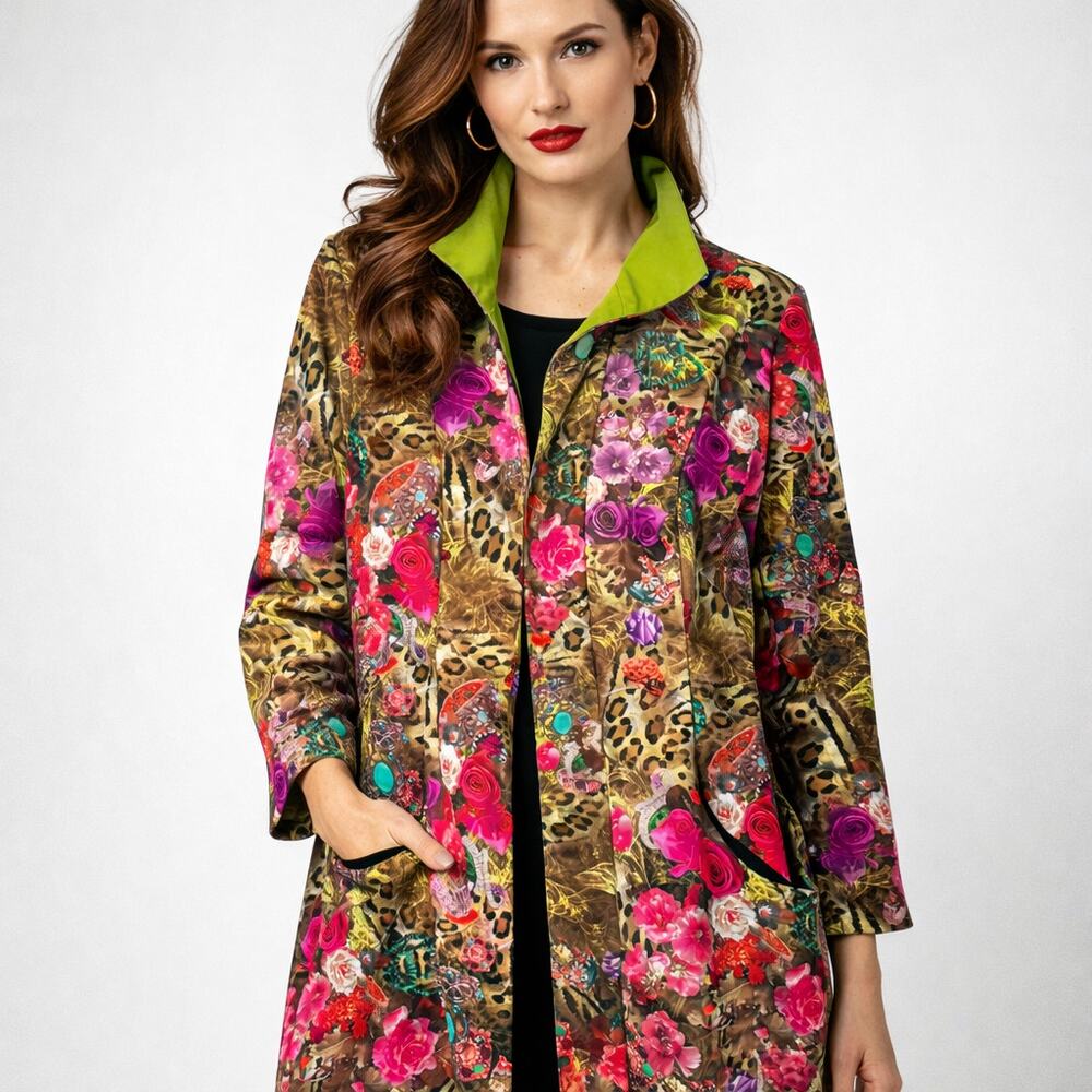 Rossi Roma L designer floral leopard print jacket coat art to wear luxury